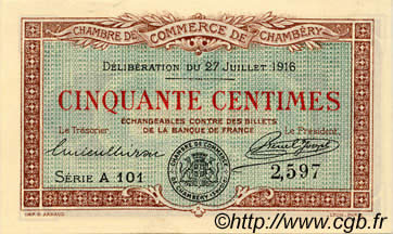 50 Centimes FRANCE regionalism and various Chambéry 1916 JP.044.07 UNC
