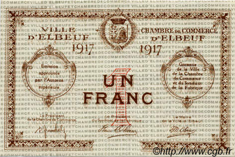 1 Franc Spécimen FRANCE regionalismo y varios Elbeuf 1917 JP.055.12 FDC