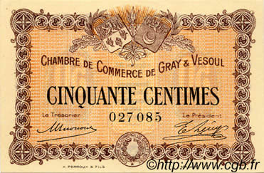 50 Centimes FRANCE regionalism and various Gray et Vesoul 1915 JP.062.01 UNC