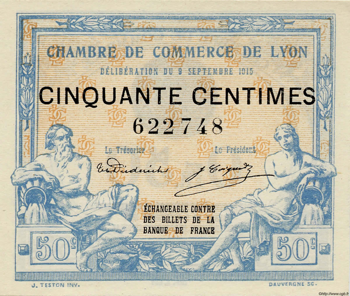 50 Centimes FRANCE regionalismo y varios Lyon 1915 JP.077.03 FDC