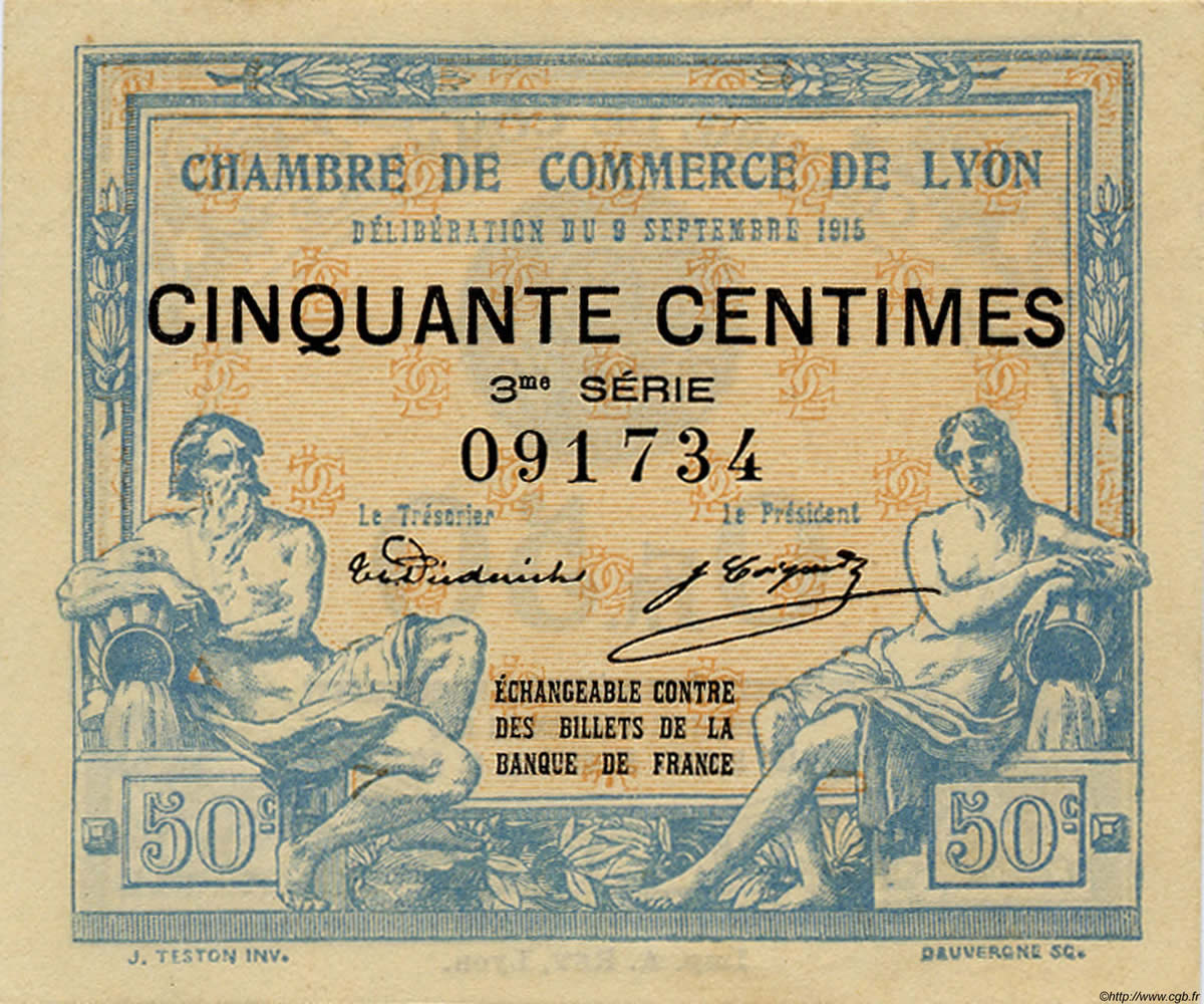 50 Centimes FRANCE regionalism and various Lyon 1915 JP.077.05 UNC