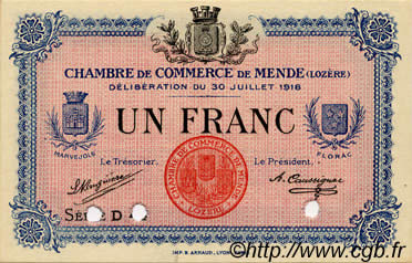 1 Franc Spécimen FRANCE regionalismo e varie Mende 1918 JP.081.08 FDC