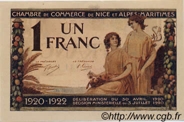 1 Franc FRANCE regionalism and miscellaneous Nice 1920 JP.091.11 UNC