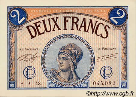 2 Francs FRANCE Regionalismus und verschiedenen Paris 1920 JP.097.28 ST
