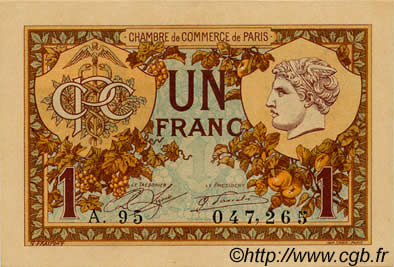 1 Franc FRANCE regionalism and various Paris 1920 JP.097.36 UNC