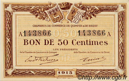 50 Centimes FRANCE regionalism and various Quimper et Brest 1915 JP.104.01 UNC