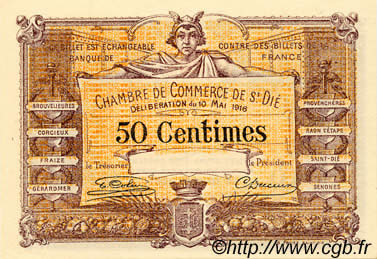 50 Centimes Spécimen FRANCE regionalismo y varios Saint-Die 1916 JP.112.06 FDC