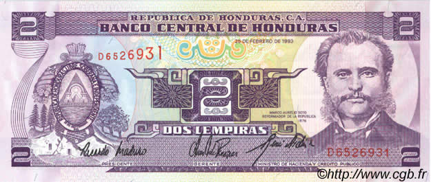 2 Lempiras HONDURAS  1993 P.072b UNC