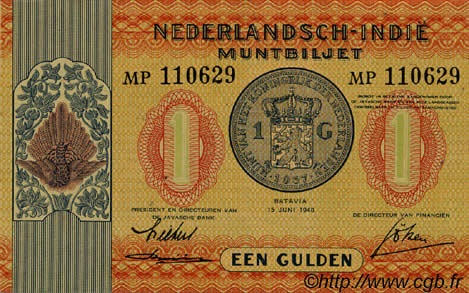 1 Gulden NETHERLANDS INDIES  1940 P.108a UNC