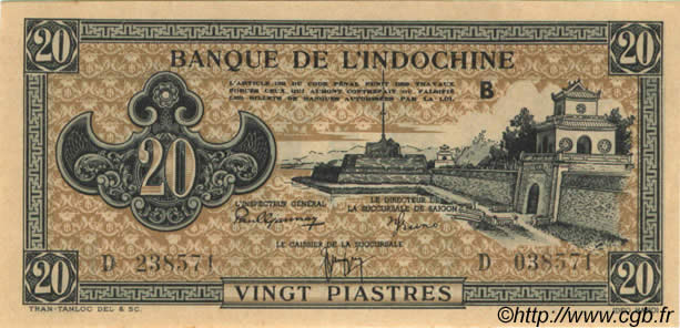 20 Piastres marron INDOCINA FRANCESE  1945 P.071 q.FDC