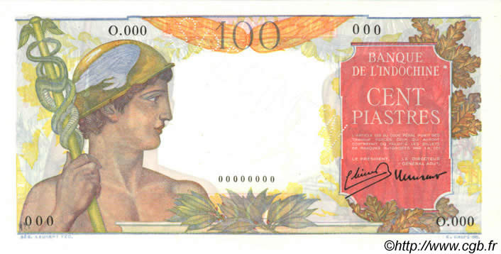 100 Piastres Spécimen INDOCINA FRANCESE  1947 P.082s q.FDC