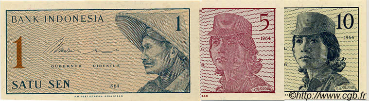 1 Sen, 5 Sen et 10 Sen Lot INDONÉSIE  1964 P.090, 091 et 092a NEUF