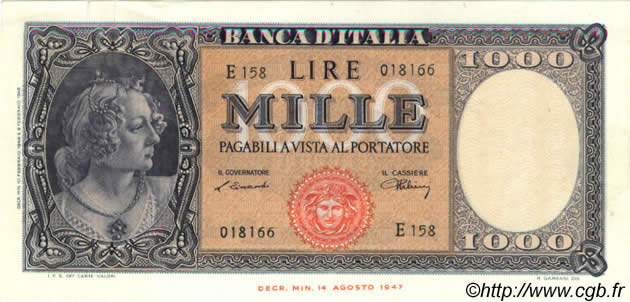 1000 Lire ITALIA  1948 P.088a EBC a SC