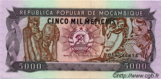5000 Meticais MOZAMBIK  1989 P.133 ST