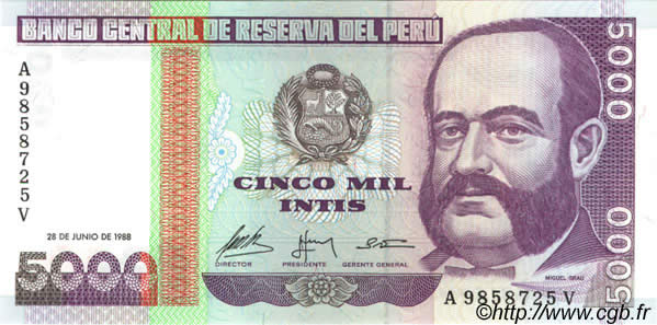 5000 Intis PERU  1988 P.137 UNC