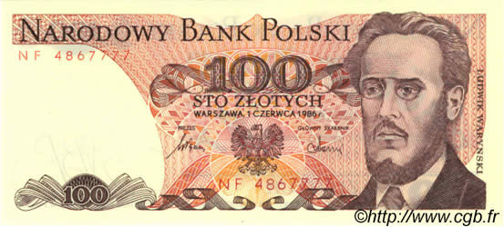 100 Zlotych POLAND  1986 P.143e UNC
