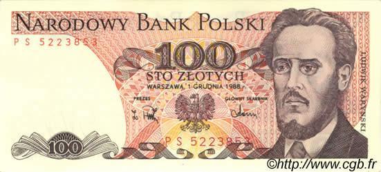 100 Zlotych POLEN  1988 P.143e ST