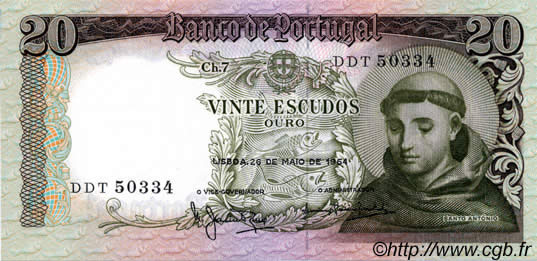 20 Escudos PORTUGAL  1964 P.167a UNC