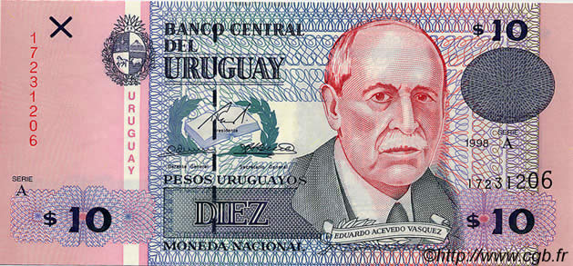 10 Pesos Uruguayos URUGUAY  1998 P.081 UNC