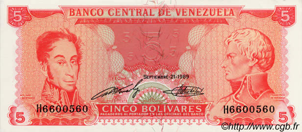 5 Bolivares VENEZUELA  1989 P.070a UNC