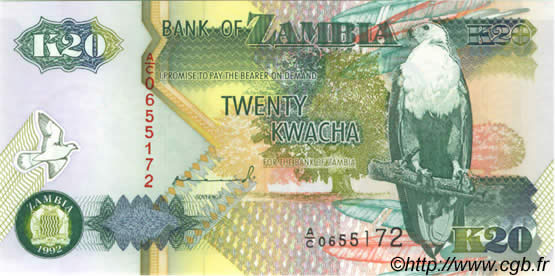 20 Kwacha ZAMBIA  1992 P.36a UNC