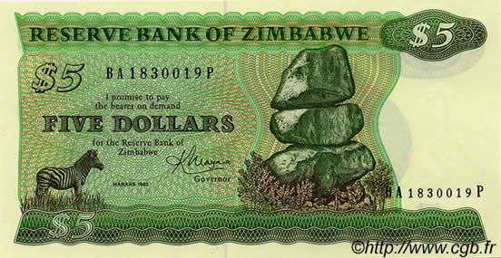 5 Dollars ZIMBABWE  1983 P.02c q.FDC