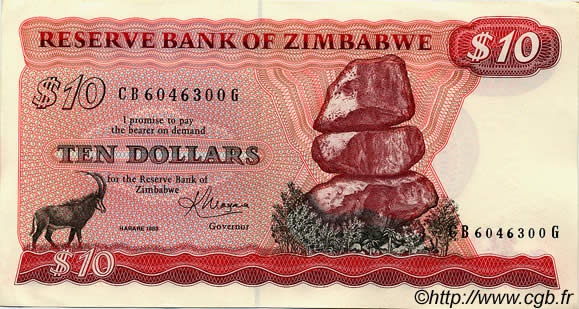 10 Dollars ZIMBABWE  1983 P.03d UNC