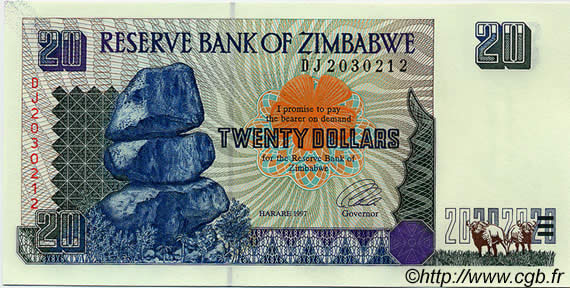 20 Dollars ZIMBABWE  1997 P.07 UNC