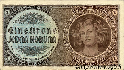 1 Koruna BOHEMIA & MORAVIA  1940 P.03a VF