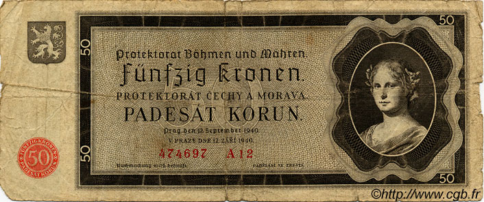 50 Korun BOHEMIA & MORAVIA  1940 P.05a G