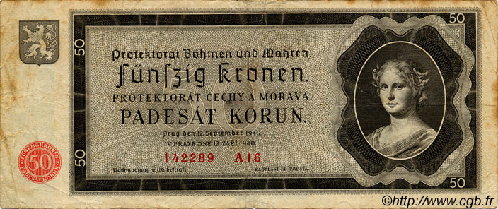 50 Korun BOHÊME ET MORAVIE  1940 P.05a TB+