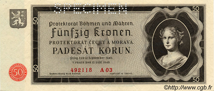 50 Korun Spécimen BOHEMIA Y MORAVIA  1940 P.05s FDC