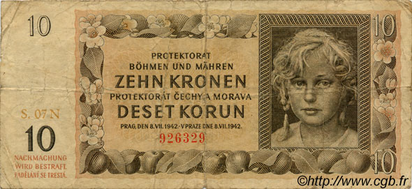 10 Korun BOHEMIA & MORAVIA  1942 P.08a F