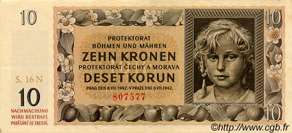 10 Korun BOHEMIA & MORAVIA  1942 P.08a XF