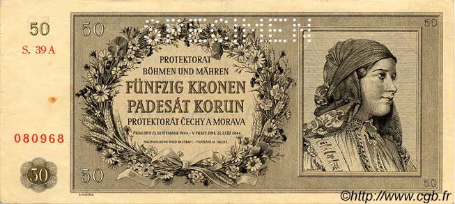50 Korun BOHEMIA & MORAVIA  1944 P.10s XF