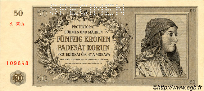 50 Korun BOHEMIA & MORAVIA  1944 P.10s UNC-
