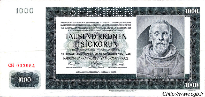 1000 Korun Spécimen BOHEMIA & MORAVIA  1942 P.13s F+