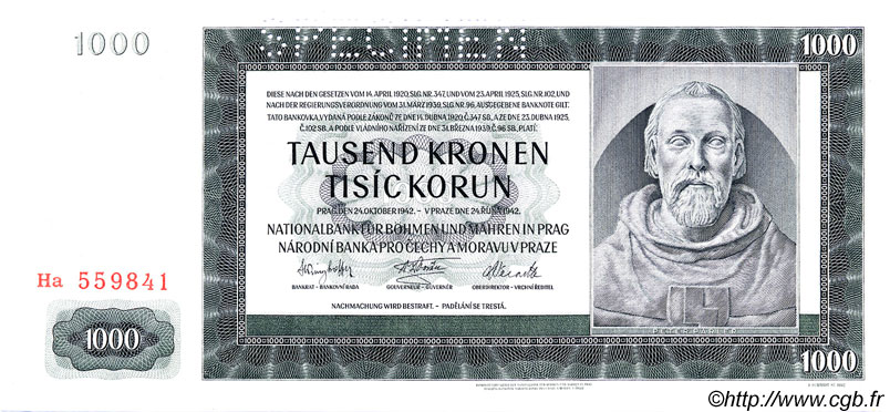 1000 Korun Spécimen BOHEMIA & MORAVIA  1942 P.15s UNC-
