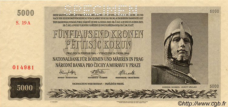 5000 Korun Spécimen BOHEMIA & MORAVIA  1944 P.17s UNC-
