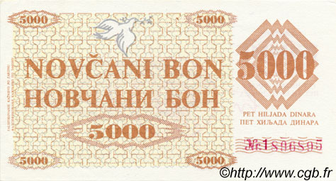 5000 Dinara BOSNIA E ERZEGOVINA Zenica 1992 P.009h AU