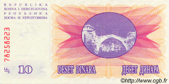10 Dinara BOSNIEN-HERZEGOWINA  1992 P.010a fST+