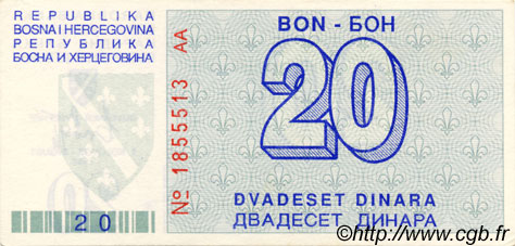 20 Dinara BOSNIA E ERZEGOVINA  1992 P.022a q.FDC
