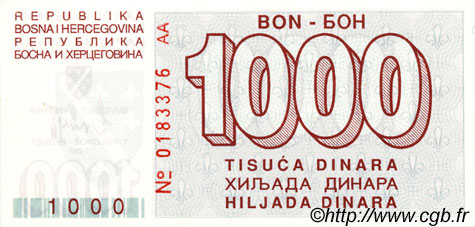 1000 Dinara BOSNIEN-HERZEGOWINA  1992 P.026a ST