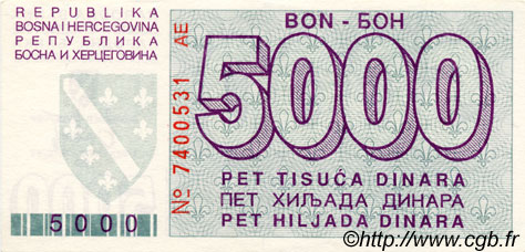 5000 Dinara BOSNIA-HERZEGOVINA  1992 P.027a SC