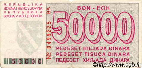 50000 Dinara BOSNIA HERZEGOVINA  1993 P.029 F