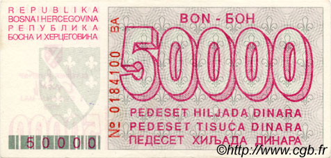 50000 Dinara BOSNIA-HERZEGOVINA  1993 P.029 SC+