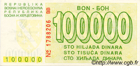 100000 Dinara BOSNIA E ERZEGOVINA  1993 P.031 FDC
