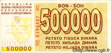 500000 Dinara BOSNIA-HERZEGOVINA  1994 P.032 EBC