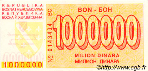 1000000 Dinara BOSNIA HERZEGOVINA  1994 P.033 UNC