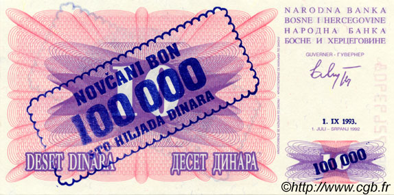 100000 Dinara BOSNIE HERZÉGOVINE  1993 P.034a NEUF
